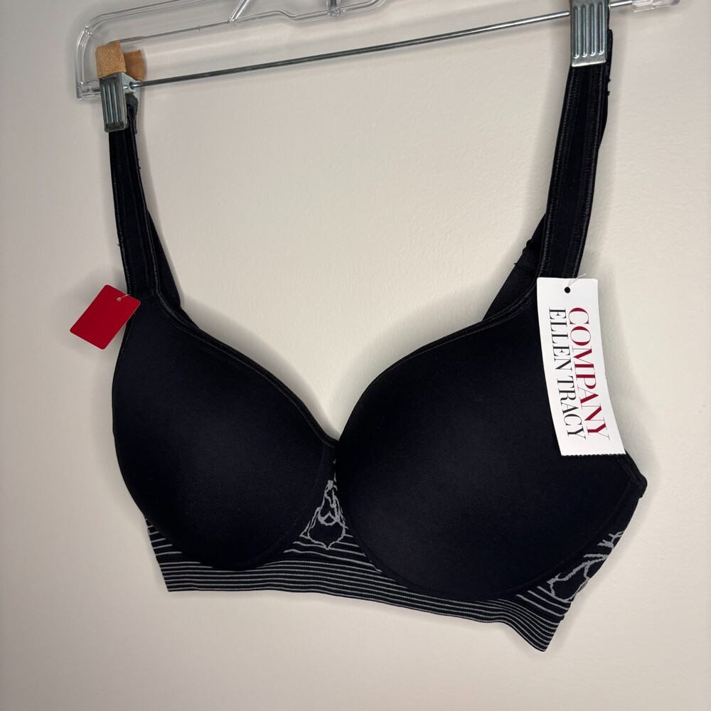 ELLEN TRACY NEW Seamless Curves Bra Womens 34C Black Adjustable Wireless Floral